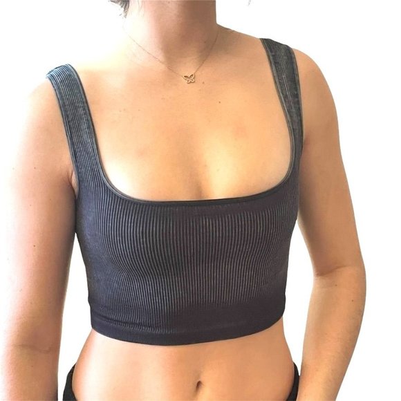 FREE PEOPLE MOVEMENT HAPPINESS DISTRESSED BLACK SQUARE NECK CROP SZ:M/L … - Picture 1 of 12